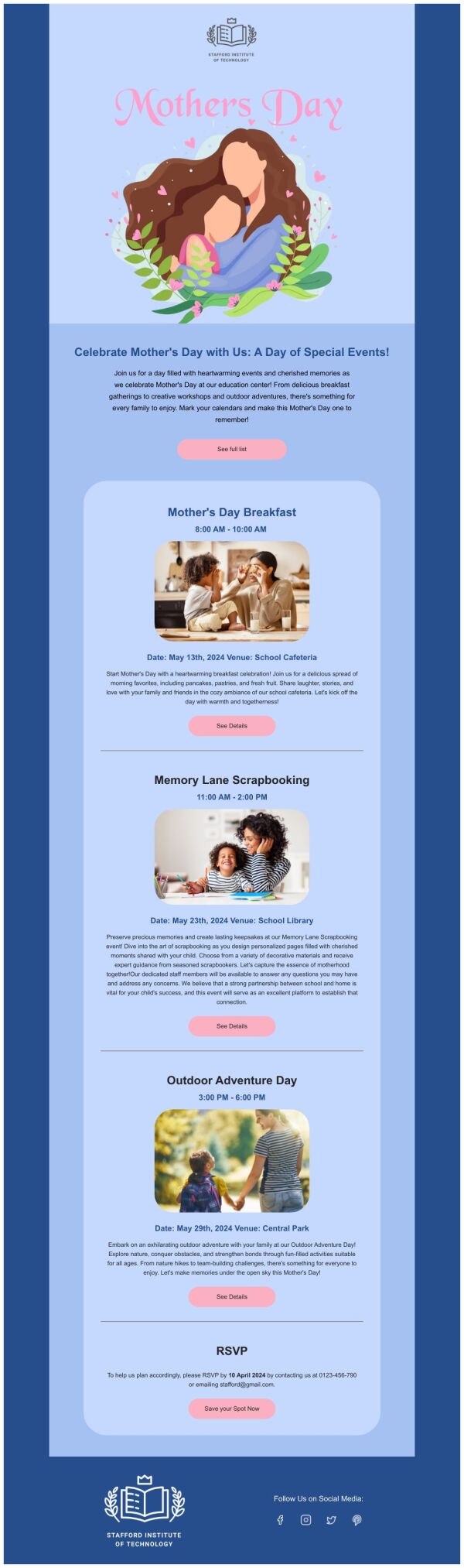 Event Schedule Email Template 'Special Events' for Mother's Day