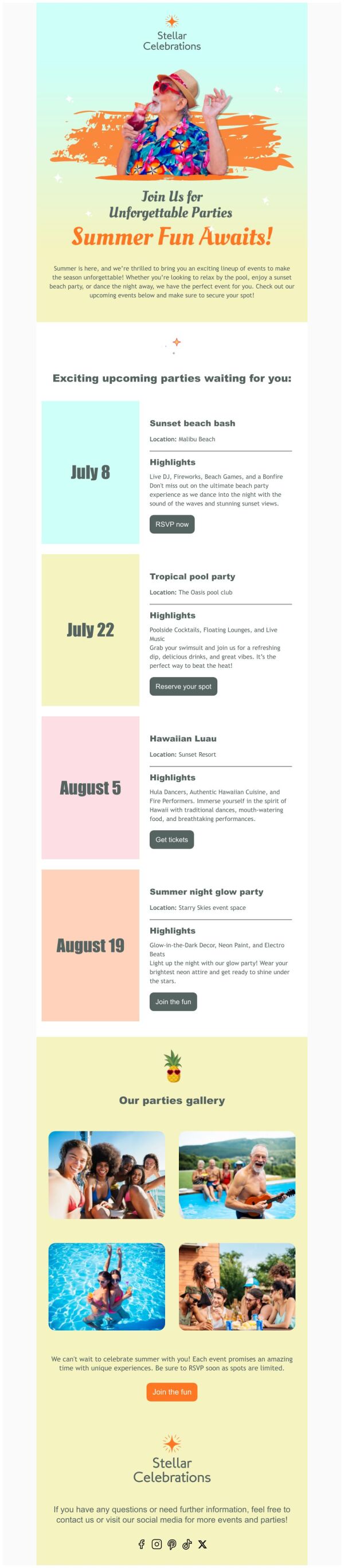 Summer Events Example Event Schedule Email Template 'Stellar Celebrations' for Summer ...