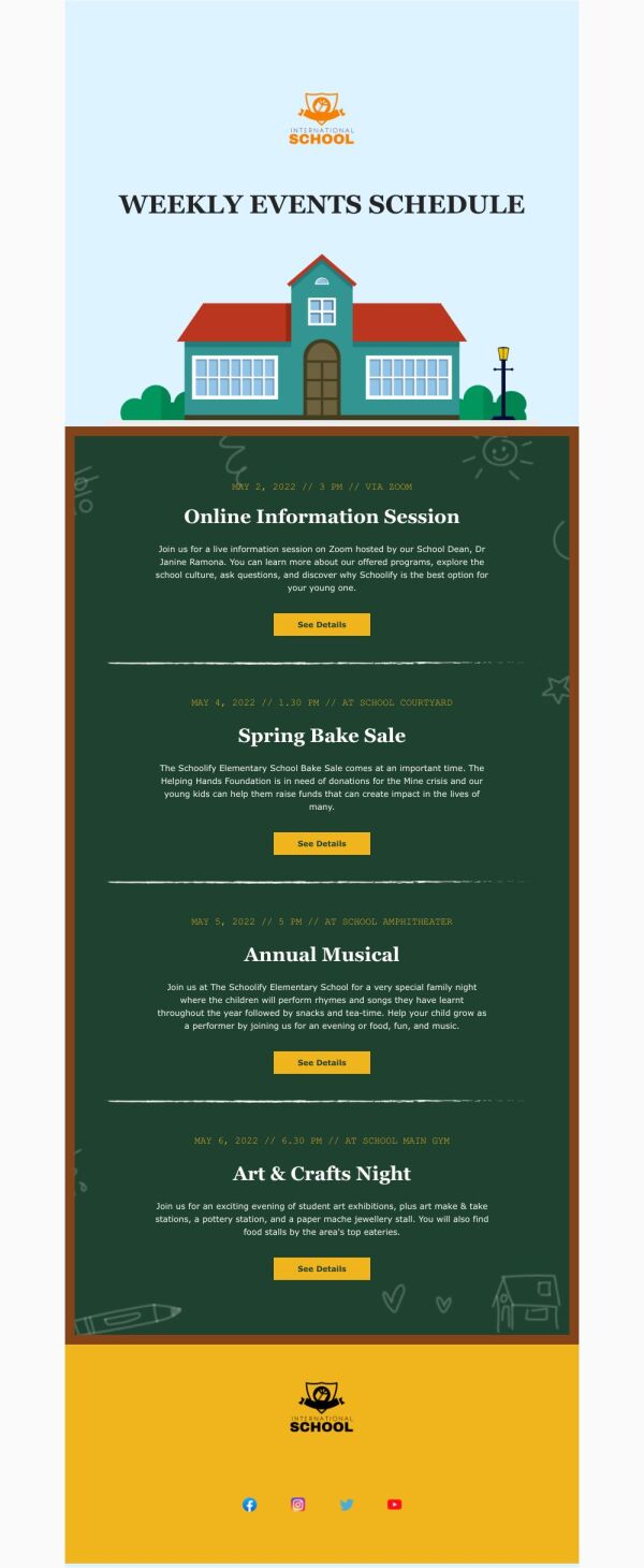 Event Schedule Email Template 'Weekly Events' for Schools | PosterMyWall