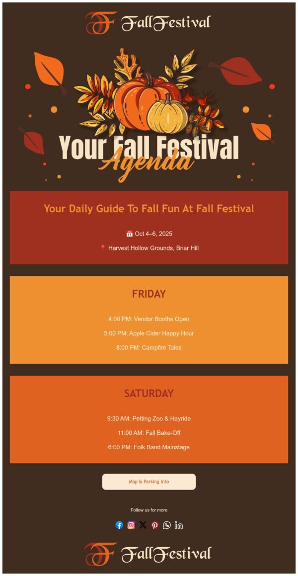 Event Schedule Email Template 'Your Daily Guide' for Fall | PosterMyWall