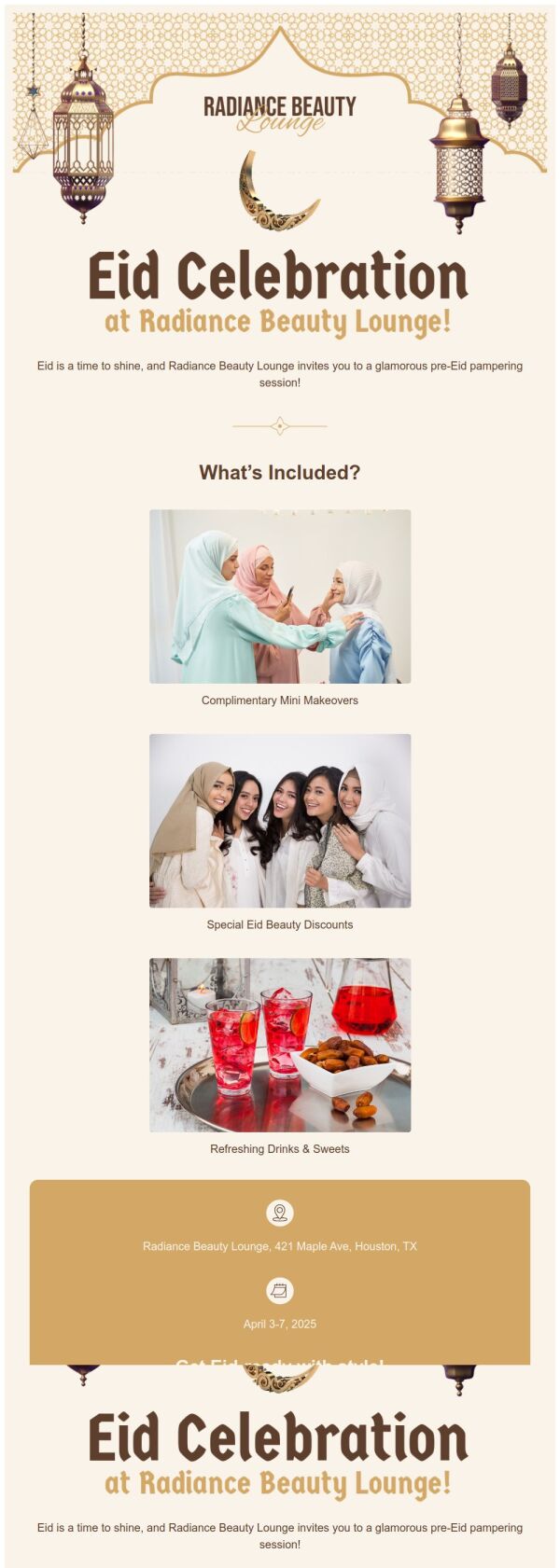 Lounge Email Example Invitation Email Template 'Beauty Lounge' for Eid | PosterMyWall