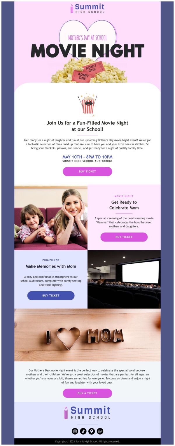 Movie Night Email Example Invitation Email Template 'School Movie Night' for Mother's Day ...