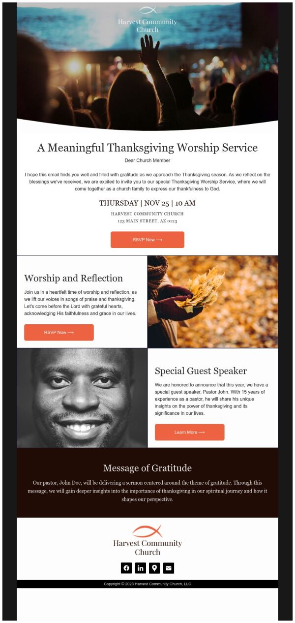 Invitation Email Template 'Worship Service' for Thanksgiving | PosterMyWall