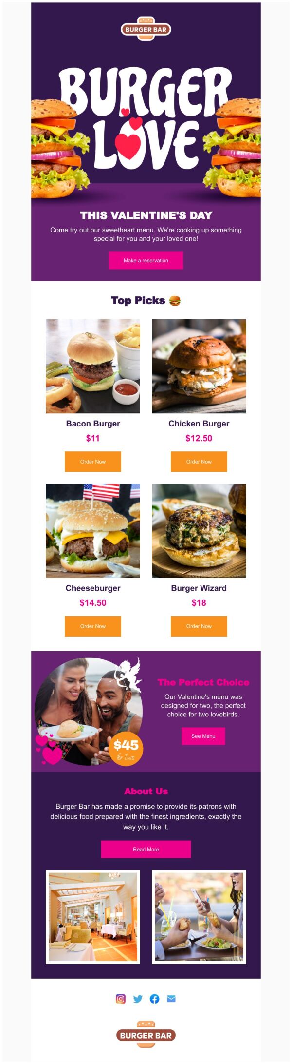 Menu Email Template 'Burger Love' for Valentine's Day | PosterMyWall
