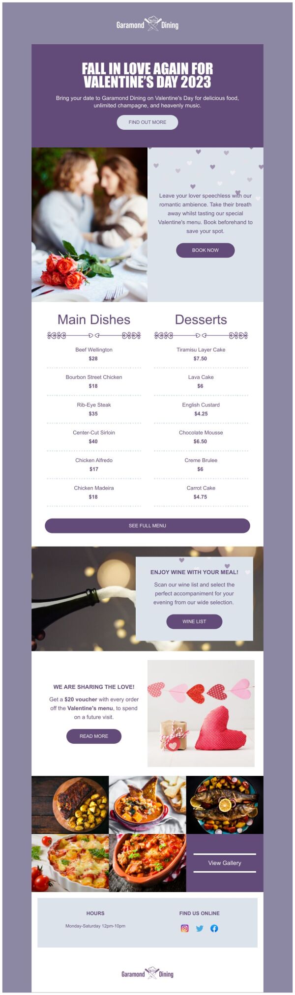 Menu Email Template 'Special Dining' for Valentine's Day | PosterMyWall