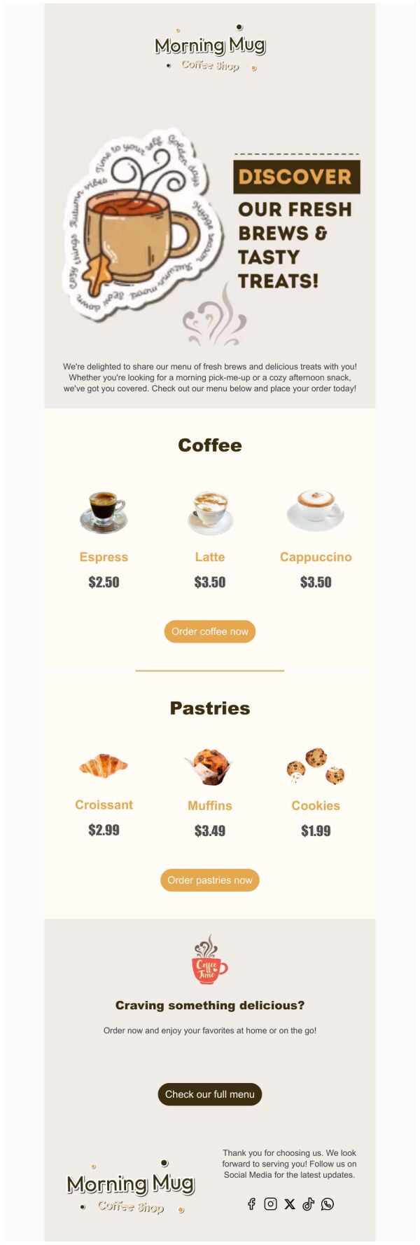 best 3,500+ food & beverage email templates in 2026... Menus Email Template 'Morning Mug' for Food | PosterMyWall