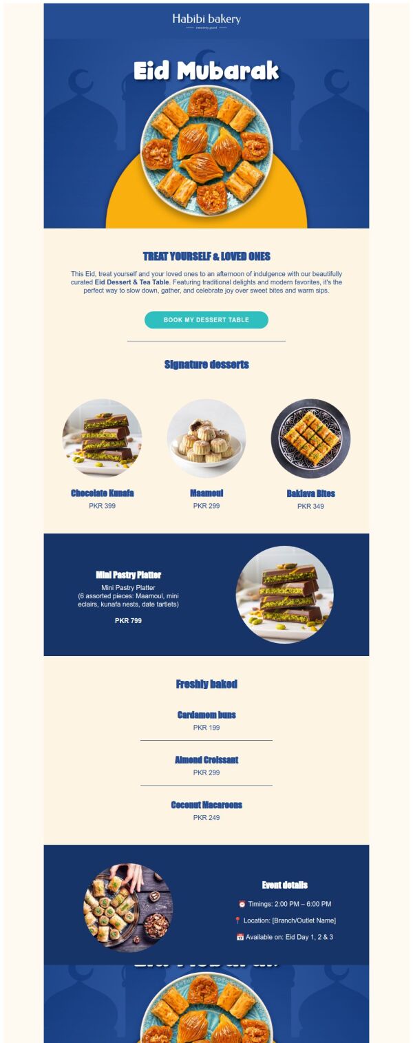 Menus Email Template 'Signature Desserts' for Eid | PosterMyWall