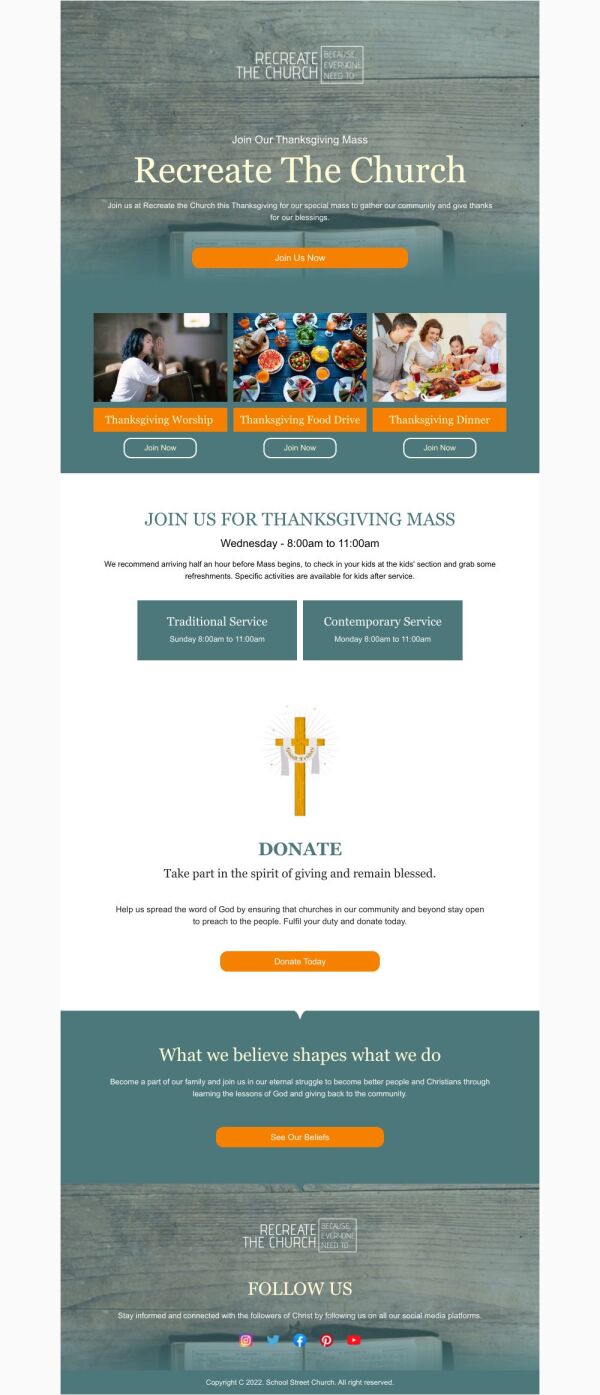 Church Emails Newsletter Email Template 'Recreate the Church' for Thanksgiving ...