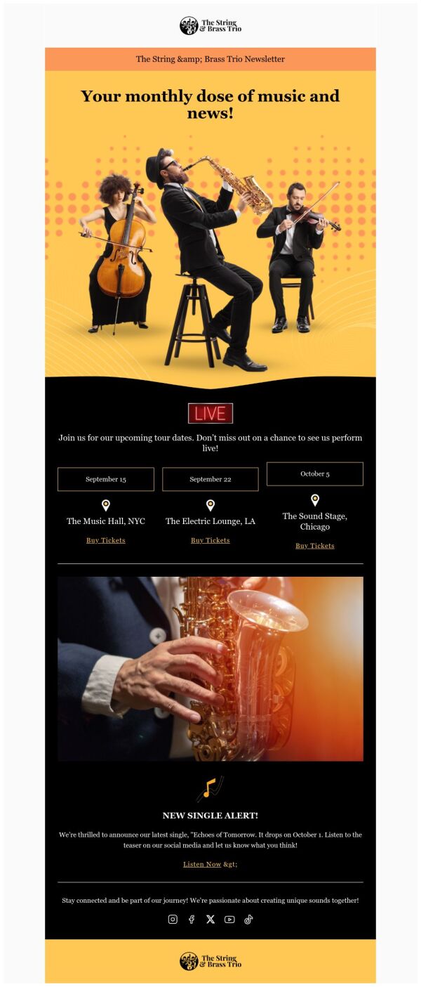 Newsletter Email Template 'Strings and Bass' for Band | PosterMyWall