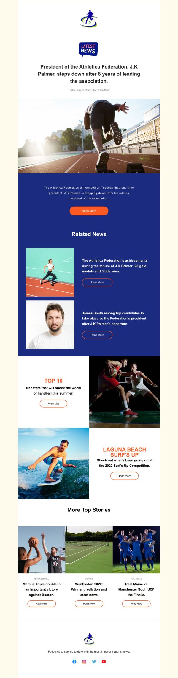 Newsletter Email Template 'Top News and Stories' for Sports Industry