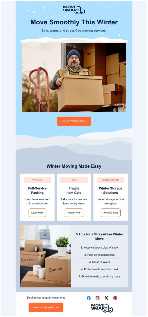 Product Showcase Email Template 'Mover Services' for Winter | PosterMyWall