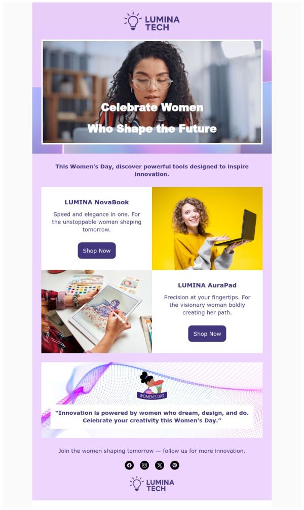 Product Showcase Email Template 'Tech Innovation' for Women's Day ...
