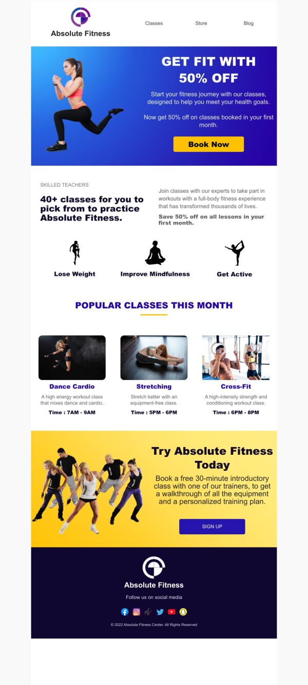Sale Email Template 'Discounted Fitness Classes' for Fitness Industry ...