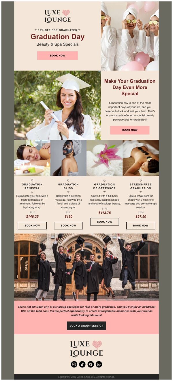 Graduation Offering Special Offer Email Template 'Spa Deals' for Graduation | PosterMyWall