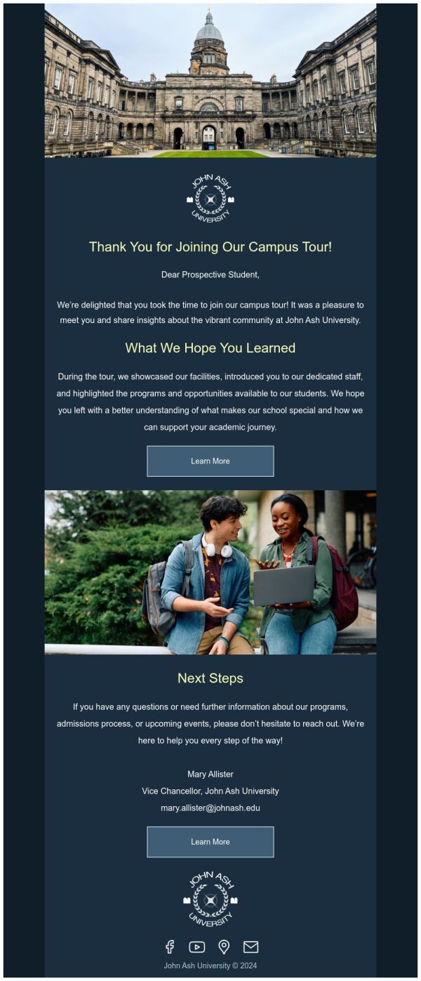 Thank You Email Template 'Campus Tour' for Educational