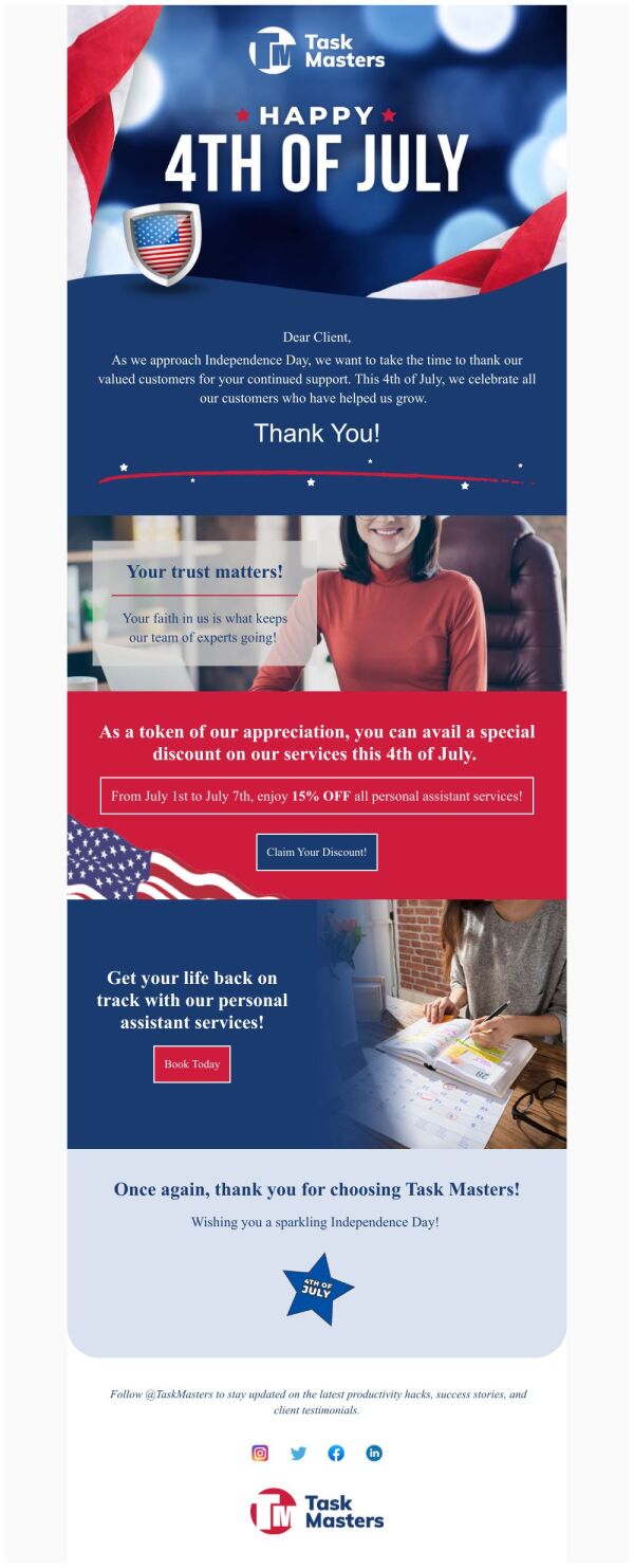 Thank You Email Template 'Personal Assistant Services' for 4th of July