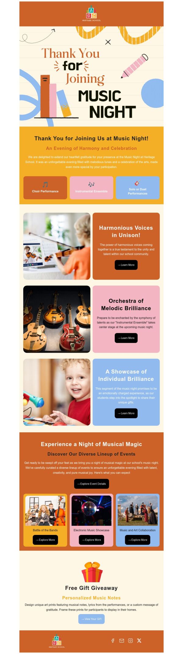 Thank You Email Template 'School Music Night' for Educational ...