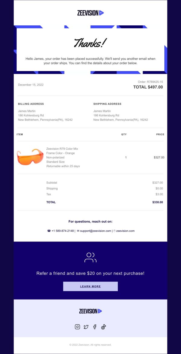 Thank You Email Template 'Spectacles Order Confirmation' for Retail