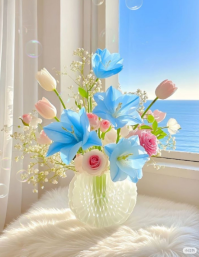 "Blue Lilies and Pink Roses by Oceanside Window" Flyer (US-Letter) template