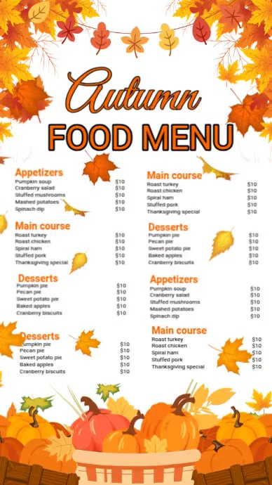 Fall October Menu Picture . Autumn Food Menu (with fall leaves and dishes) Template | PosterMyWall