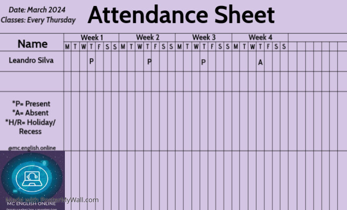 Attendance Printable Sheet Template | PosterMyWall
