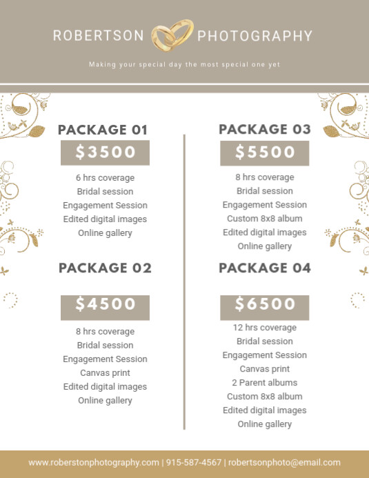 Photography Packages List Menu Template Postermywall