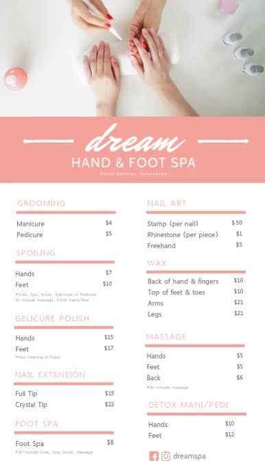 Pink Hand And Foot Massage Spa Menu