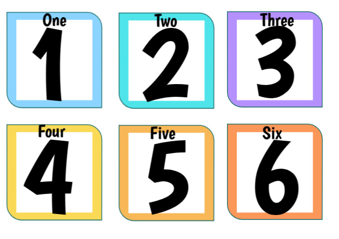 1 to 6 Number with words Flash Card Template for kids/ Toddlers A4