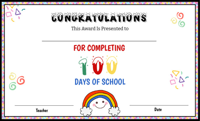 100th Days of School certificate template for kids US Legal