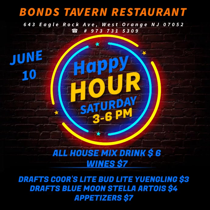 Blue and Yellow Neon Happy Hour Bar Design (1) PosterMyWall