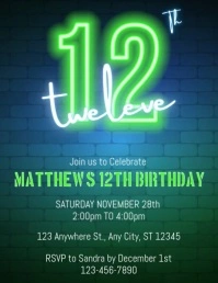 12th birthday neon birthday invitation Flyer (Letter pang-US) template