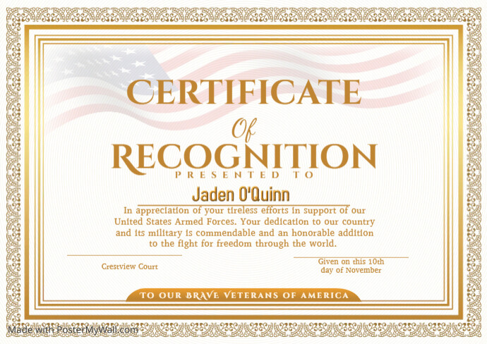 Veterans Recognition Certificate Template PosterMyWall