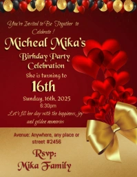 16th Birthday invitation flyer, Red Birthday Invitation Flyer template