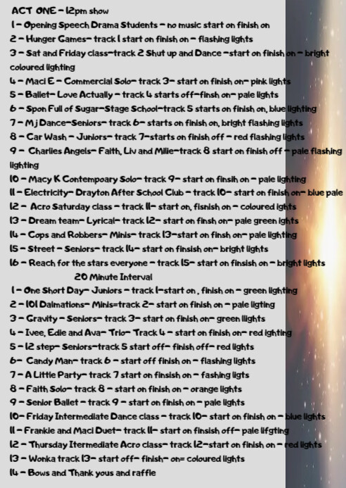 Performance Running Order 12pm showcase running order programme | PosterMyWall