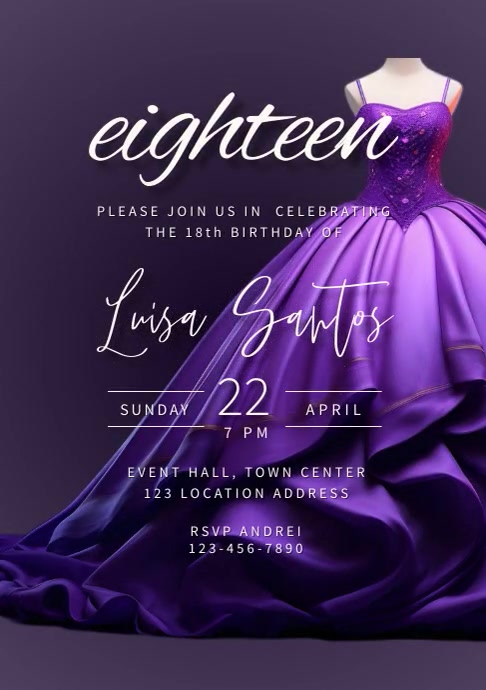 18th Birthday Purple Dress Invitation Templat Ithempulethi | PosterMyWall 18th Birthday Purple Dress Invitation Templat Ithempulethi | PosterMyWall