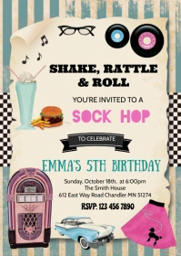 1950's birthday party invitation A6 template