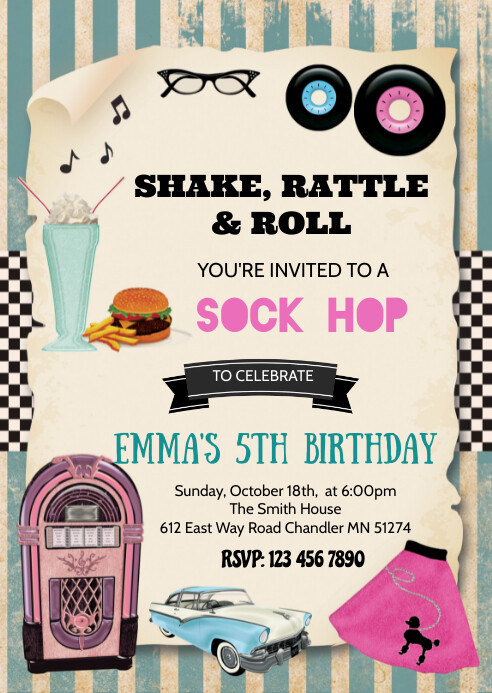 1950's birthday party invitation A6 template