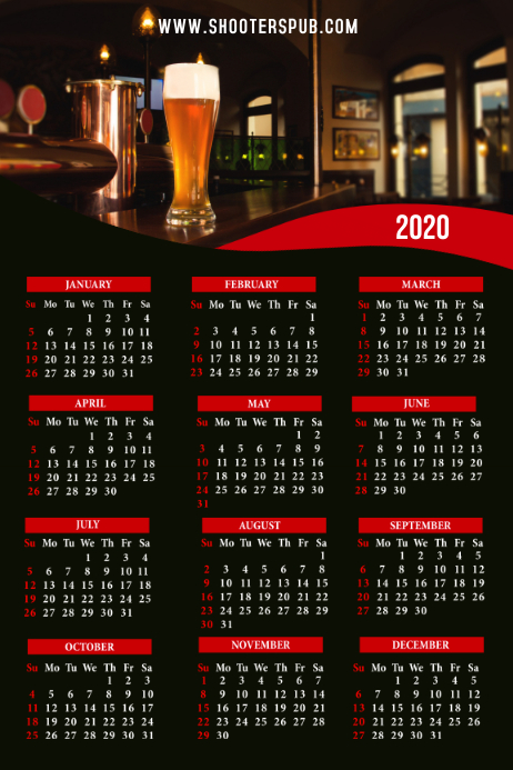 2020 Calendar Bar Restaurant Template โปสเตอร์