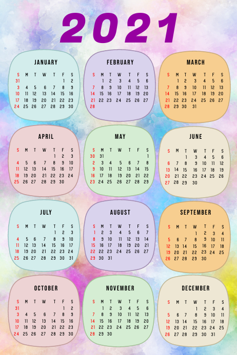 Copy of 2021 Calendar with watercolor background | PosterMyWall