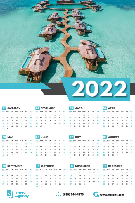 2022 Beach Resort Calendar Template โปสเตอร์