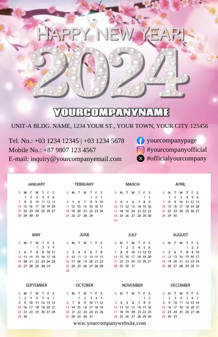 2024 New Year Calendar Cherry Blossom Templat Tablóide template