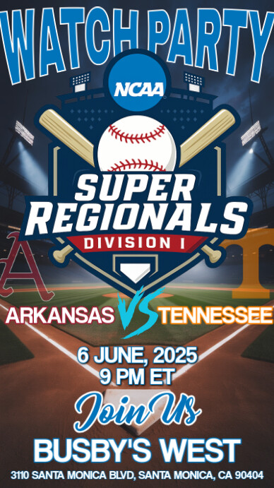 2025 NCAA Baseball Division I Super Regionals:  Arkansas vs Tennessee Watch Party Template Instagram 快拍
