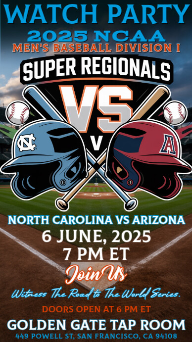 2025 NCAA Baseball Division I Super Regionals: North Carolina vs Arizona Watch Party Template Instagram 快拍