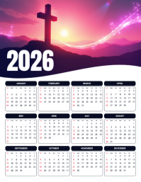 2026 Christian Wall Calendar Cross Sunrise Faith Inspired Design Printable Church Home Decor Flyer (US Letter) template