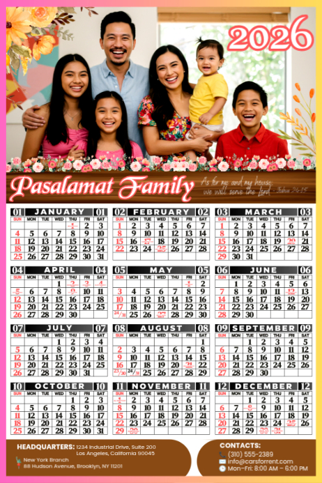 2026 Floral Family Photo Calendar Template | PosterMyWall