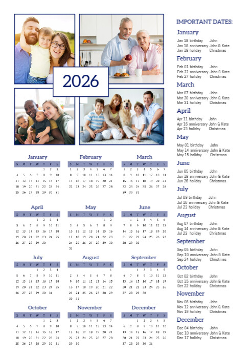 2026 Printable One Page Calendar Photos Template | PosterMyWall