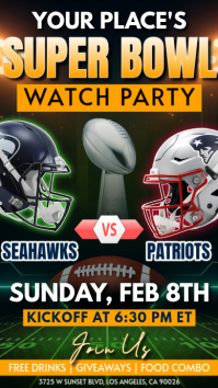 2026 Super Bowl: Seattle Seahawks vs New England Patriots Watch Party Template Instagram Story