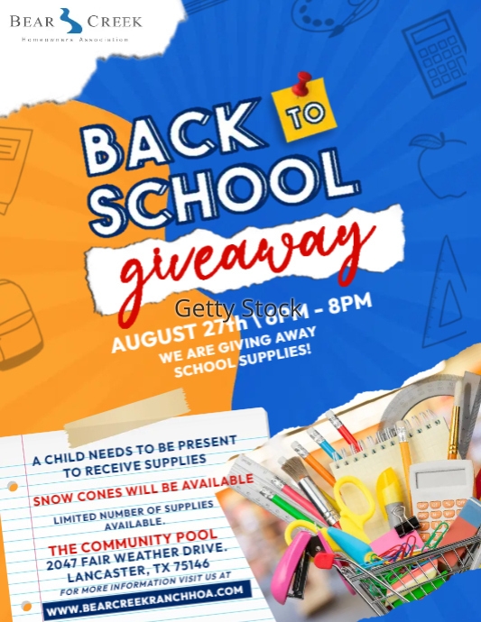 Back To School Supply Giveaway Flyer Bear Creek PosterMyWall