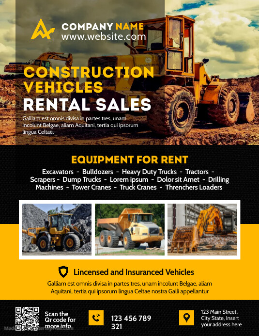 construction vehicles rental advertisement