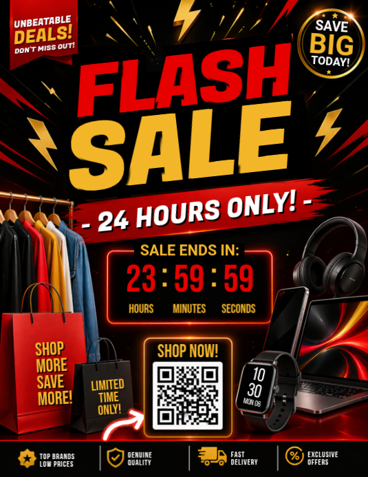 24-Hour Flash Sale Retail Flyer with Countdown Timer Template ...